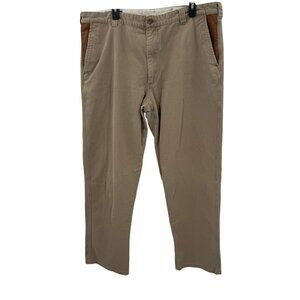 Orvis Zambezi Twill Flat Front Tan Pants Mens Size 40 W/ Leather Trim